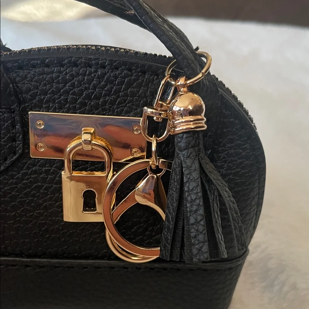 Mini Tote Bag Key Chain and Coin Purse Charm - Black with Gold Tone Accents